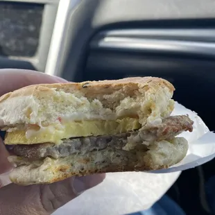 Breakfast Sandwiches (Served all Day) Sausage and Egg on a biscuit. It was spicy! So good!