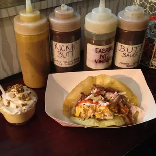 barbecue taco, display nicely in front of their sauces