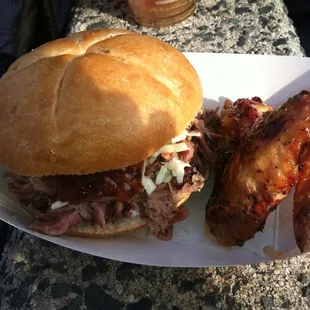 Smoked BBQ sandwich with slaw &amp; butt sauce, and a smoked chicken wing