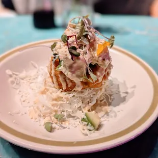 Papa no relleno stuffed potato with crab.