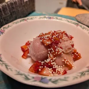 Strawberry sorbet, arare crispy rice