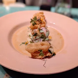 Crispy ceviche, calamari, yellow tail, chocio cancha corn, rocoto tiger milk