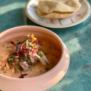 Sea bass ceviche, rocoto, concha corn, red onion, cilantro