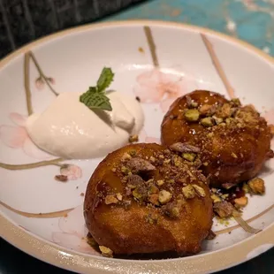 Beignets, kabocha, sweet potato, anise, fig syrup, pistachio
