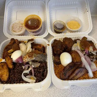 (L) Waakye w/ Goat and Fried Fish, (R) Jollof w/ grilled Chicken