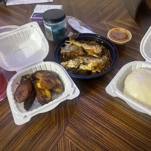 Egusi Soup with Pounded Yam and Fried Plantain