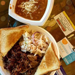 Pulled pork and beef brisket with coleslaw and red beans $15 great deal!
