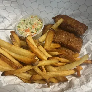 a basket of fries and coleslaw