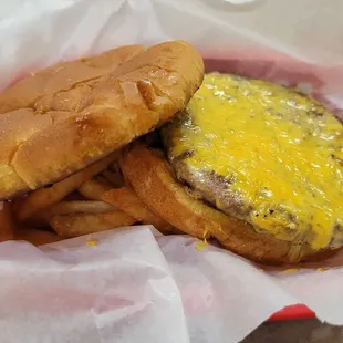 a cheeseburger and french fries