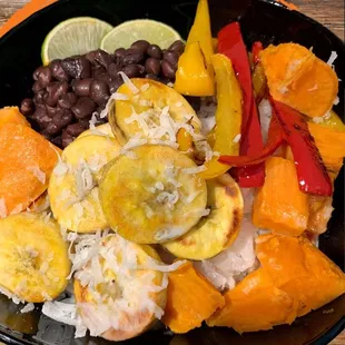 Cuban - Grilled plantains, sweet potatoes &amp; peppers over coconut rice with seasoned black beans