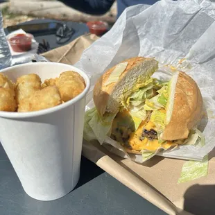 Double burger and tater tots