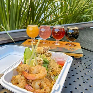 a plate of food and drinks