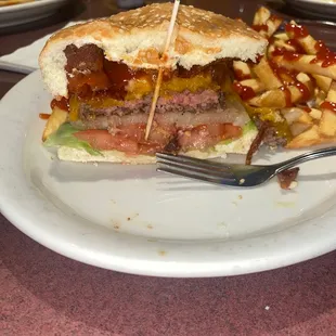 Huge Bacon Cheddar Burger and a plate full of fries