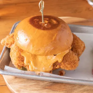 Fried Chicken Sandwich. Can order Spicy or Regular. Consists of Provolone Cheese, Garlic and Chipotle Aioli &amp; Brioche Bun.