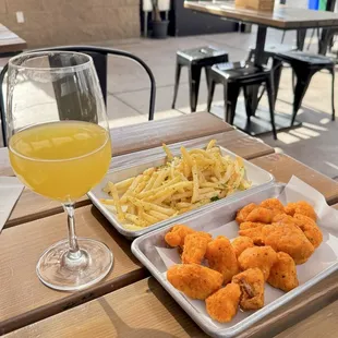 Mimosa, cauliflower bites, fries