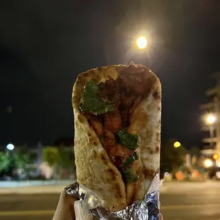 a hand holding a wrap of food