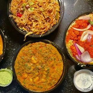 Navaraton Korma, vegetable street noodles, vegetable saag, Gobi 65 Biryani