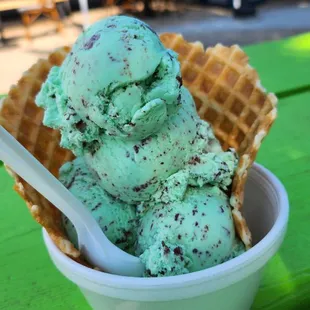 Peppermint bon bon, double scoop in waffle bowl