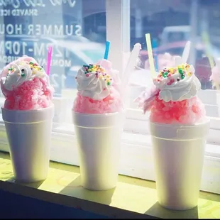 unicorn || cotton candy + wedding cake, stuffed with vanilla ice cream, topped with whipped cream, cotton candy &amp; nerds