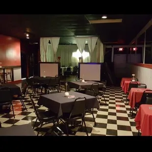 ows tables, chairs, and a projector screen