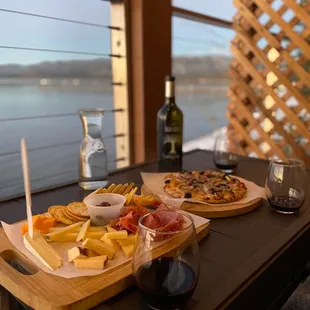 Charcuterie board and mushroom pizza