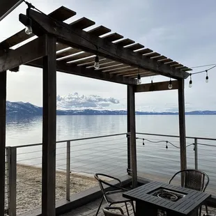 a view of a lake and mountains