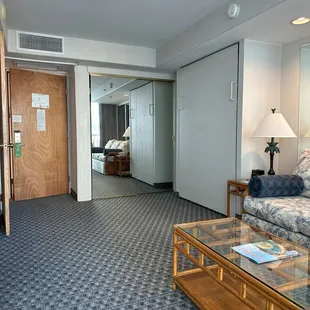 Image of the sleeping / living area with the Murphy bed and sofa retracted.