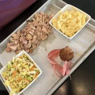 Pulled pork Mac &amp; Cheesea d Asian Slaw