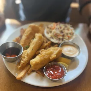 Tempura fish and chips with potato fries