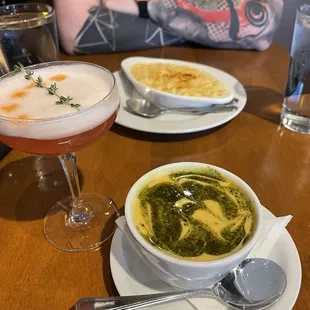 Autumn squash soup , truffle Mac and cheese , endless thyme drink