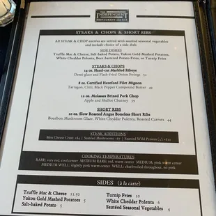 Steaks &amp; Chops &amp; Short Ribs Menu