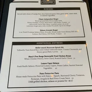 Burgers &amp; Additional Entrees Menu