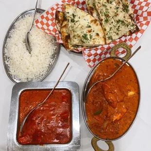 Chicken Tikka Masala, Butter Chicken, and Garlic Naan