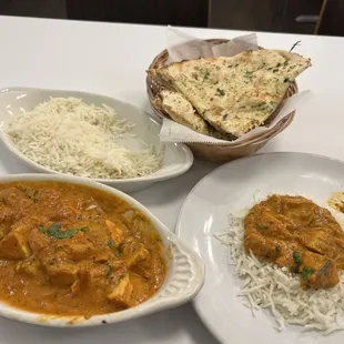 Chicken tikka masala, plain rice &amp; garlic naan.