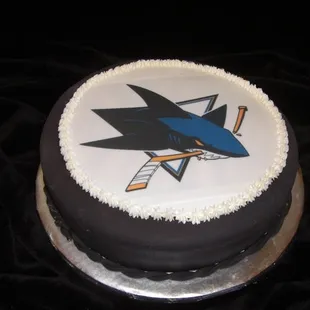 San Jose Sharks Hockey Puck Cake - Red Velvet Cake with Cream Cheese Filling covered in Fondant