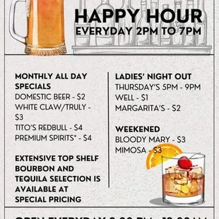 a menu for a happy hour