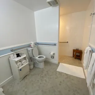 Spacious walk in shower...perfect for handicap or seniors needing extra space, fold down chain &amp; grab bars.