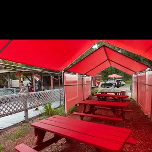 a red picnic table