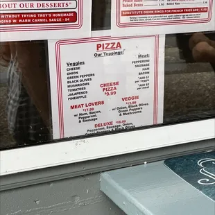 a menu for pizza