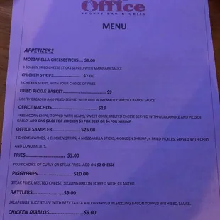 Appetizer menu