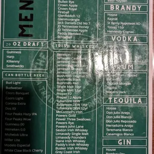 Alcohol menu rear