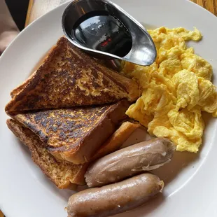 Baileys French Toast served with Irish sausage and eggs cooked to order