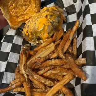Cheddar boom boom burger with fries added