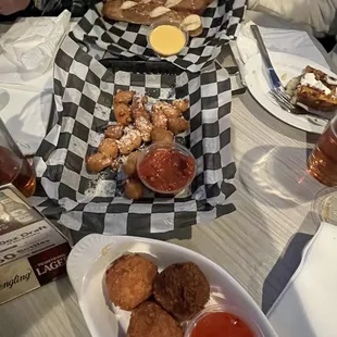 Pretzels with beer cheese (these were great!) fried cheese curds with marinara and the special crab balls (soooooo good)