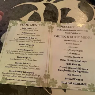 St. Patrick's day menu