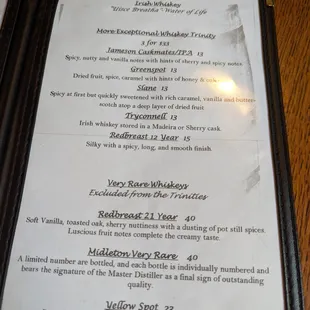 Irish Whiskey menu.