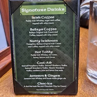 Signature drink menu