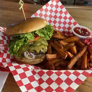 Bear Burger: Thick Meat between two toasty buns. With crispy Sweet Potato fries. How Perfect!!