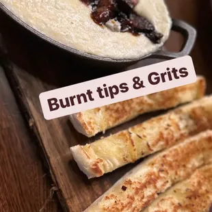 The tips were very tasty but the grits were a bit too cheesy. Next time I will get with no cheese. Bread was yummy!