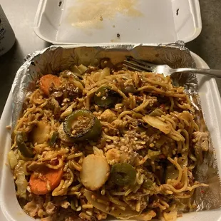 a take out container of food